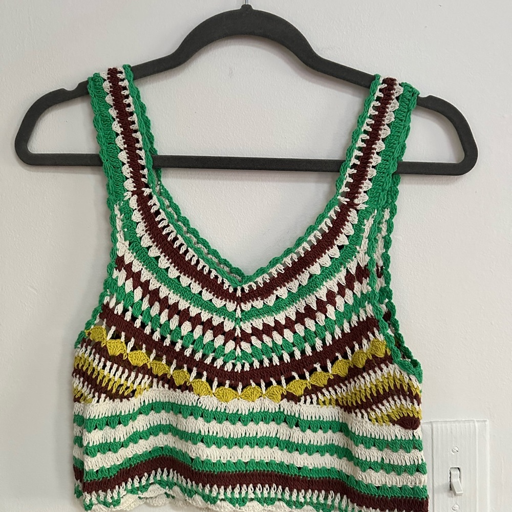 Zara Green, Brown, and Yellow Crochet Crop Top